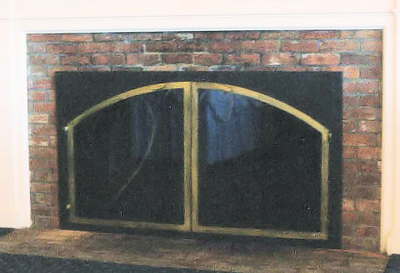 Over Size Chatham Square to Arch Black frame with antique brass vice bi fold doors, standard smoke glass. Comes with slide mesh spark screen.
